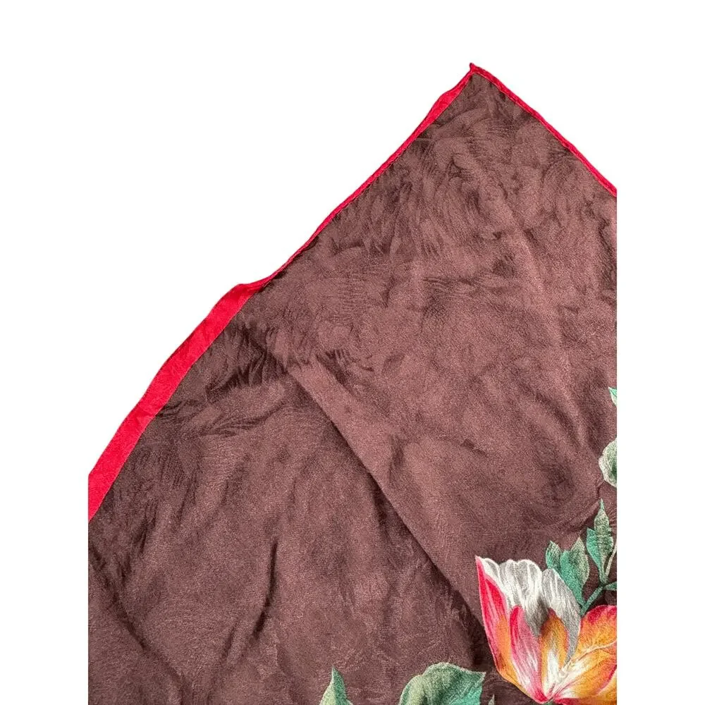 Ellen Tracy Floral Silk Blend Square Scarf Brown Red Tulip Garden Wrap